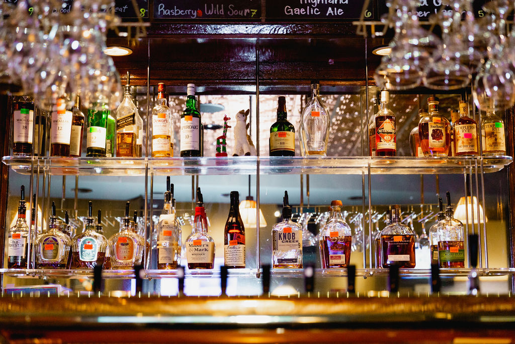 Bottles of liquor behind a bar