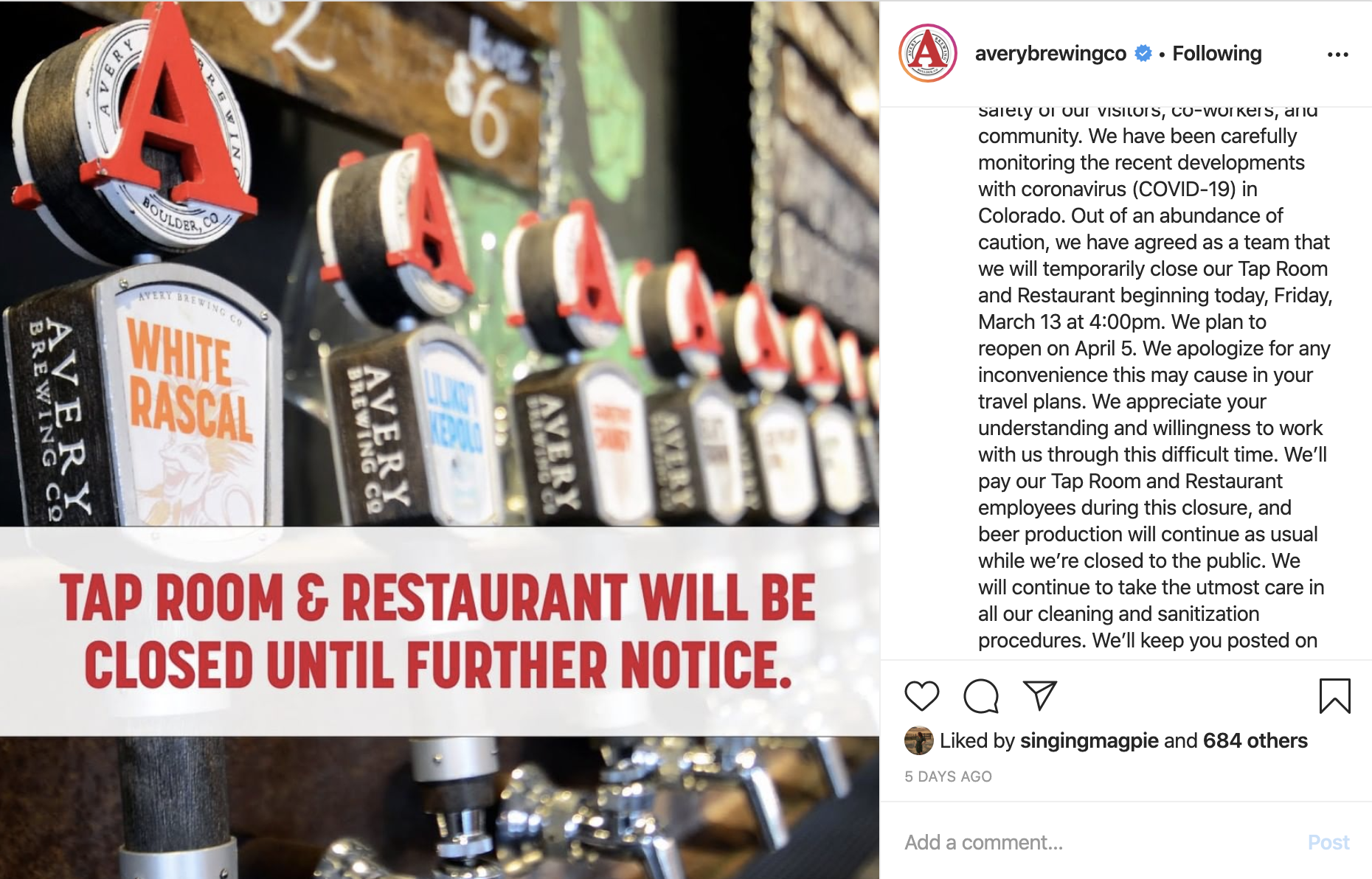 How To Be Resilient: Avery Brewing Instagram