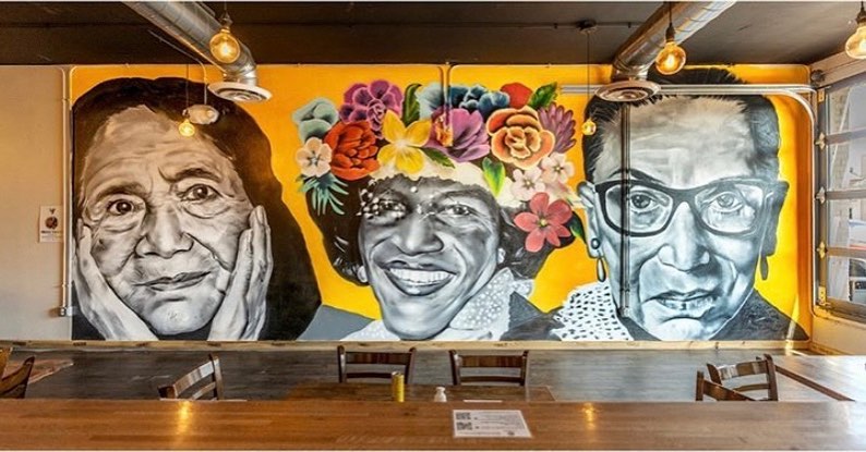 Dolores Huerta, Marsha P. Johnson, and Ruth Bader Ginsburg mural at the Lady Justice Brewing Company