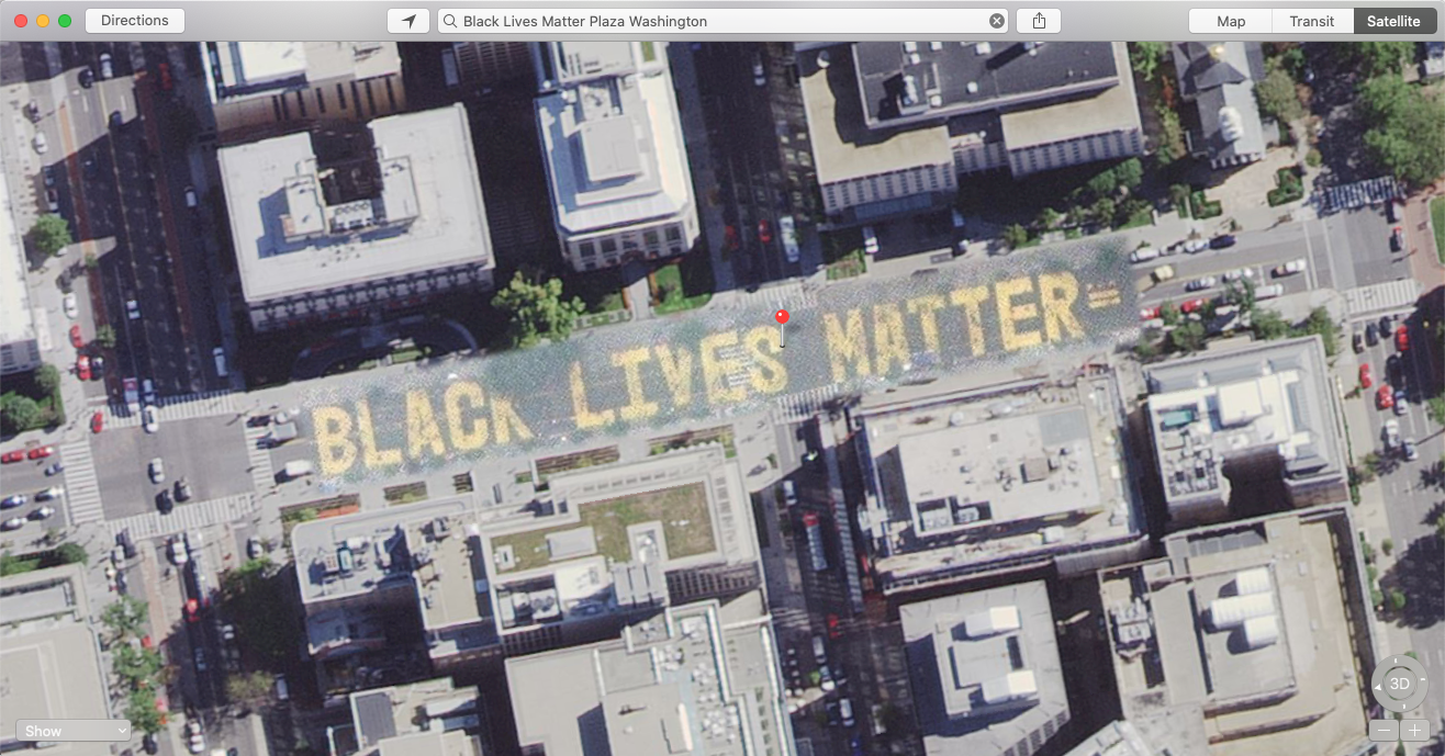 Black lives matter painted on the street in Washington DC, as seen on Apple Maps