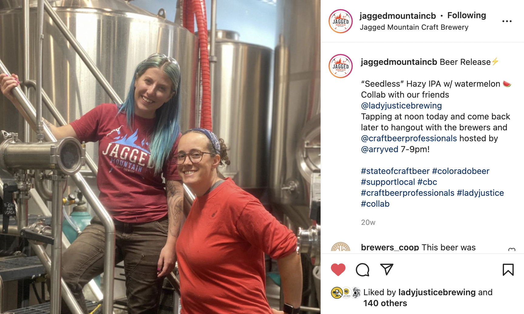 folks from Jagged Mountain Brewery and Lady Justice Brewery working on a collaboration beer.