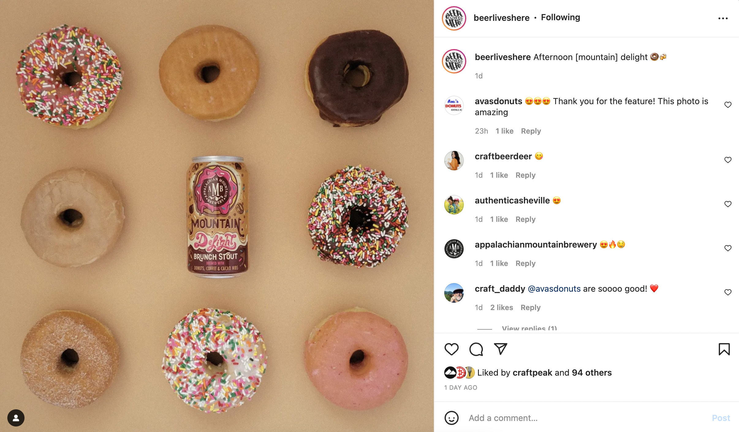 Instagram shot from @beerliveshere of a can of beer surrounded by doughnuts