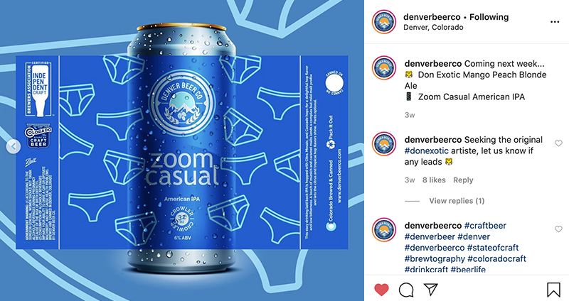 Denver Beer Co Instagram post of their Zoom Casual American IPA beer label, blue with underwear all over.