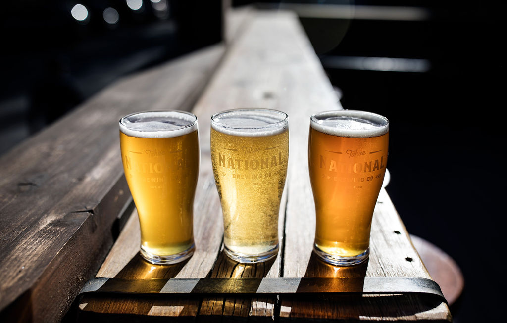 Tahoe National Brewing glasses on a table.