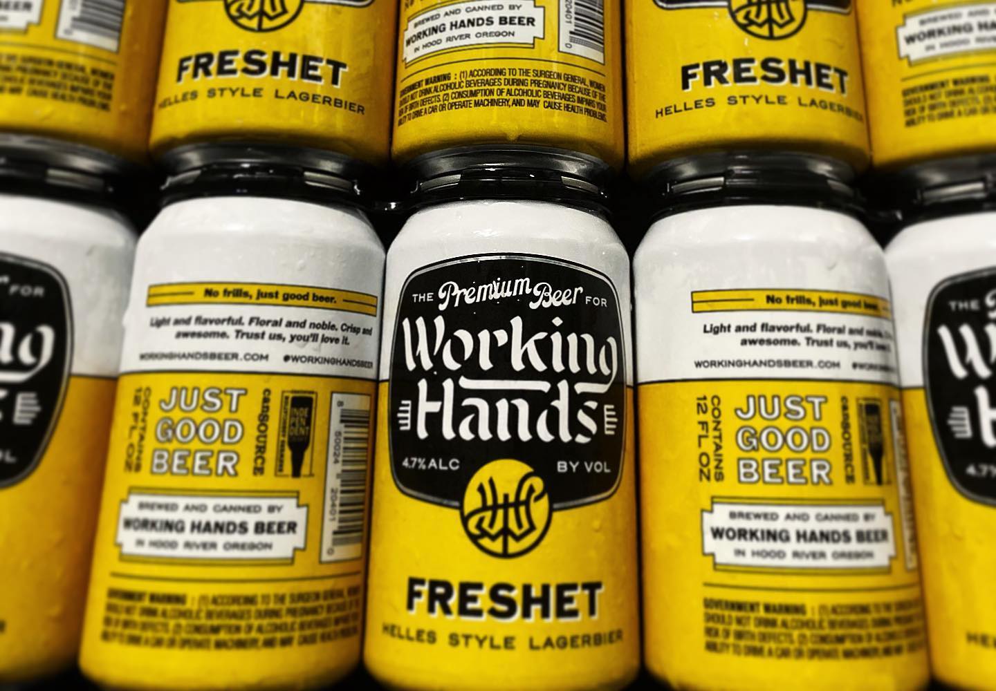 Working Hands Fermentation branded yellow beer can for their Helles Style Lagarbier called Freshet